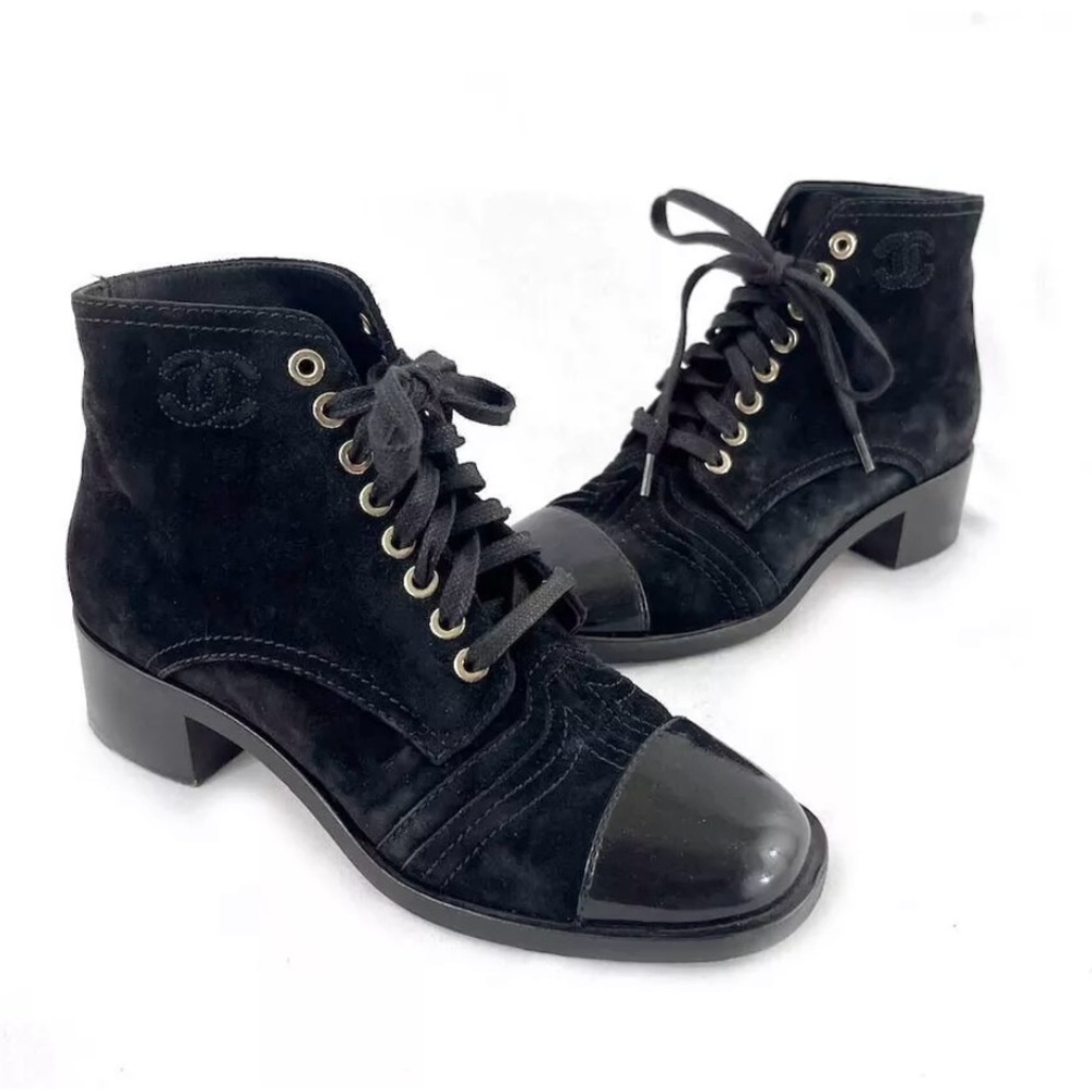 Chanel Patent Cap Toe, Black Suede Lace Up Booties, Size 5